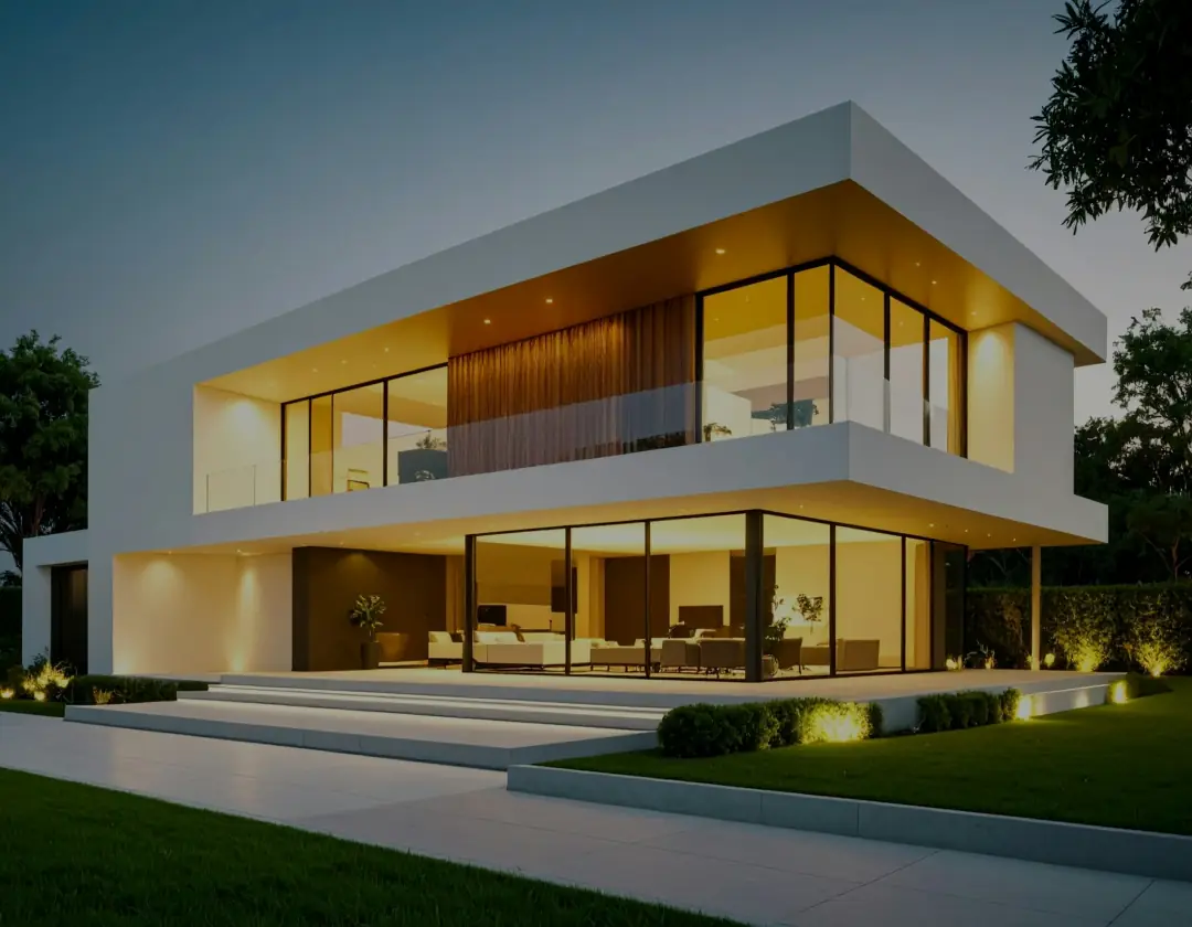 A white modern residence, lit from within at dusk